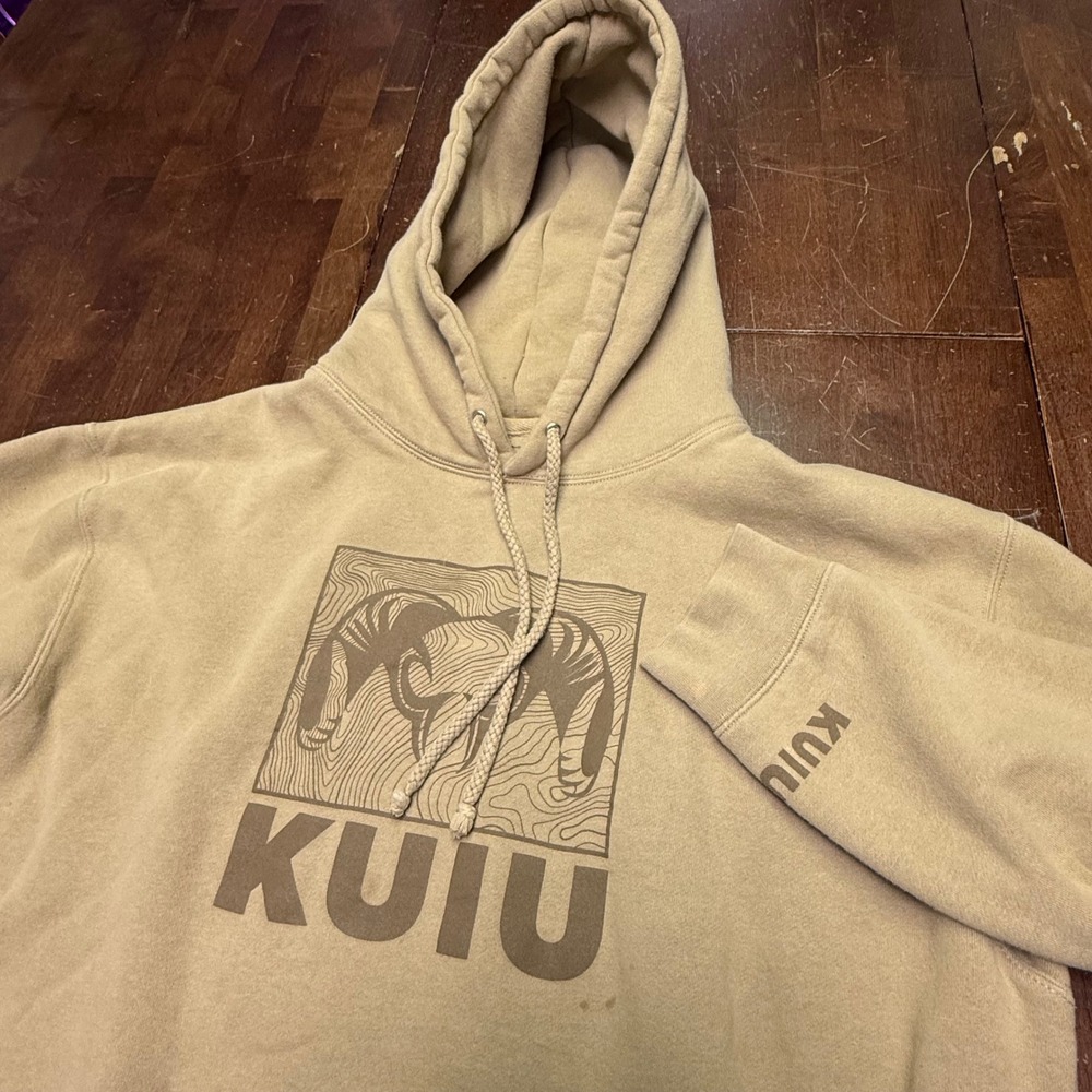 KUIU Graphic Hoodie Mens Large Tan Ram Logo Topographic Pullover Sweatshirt